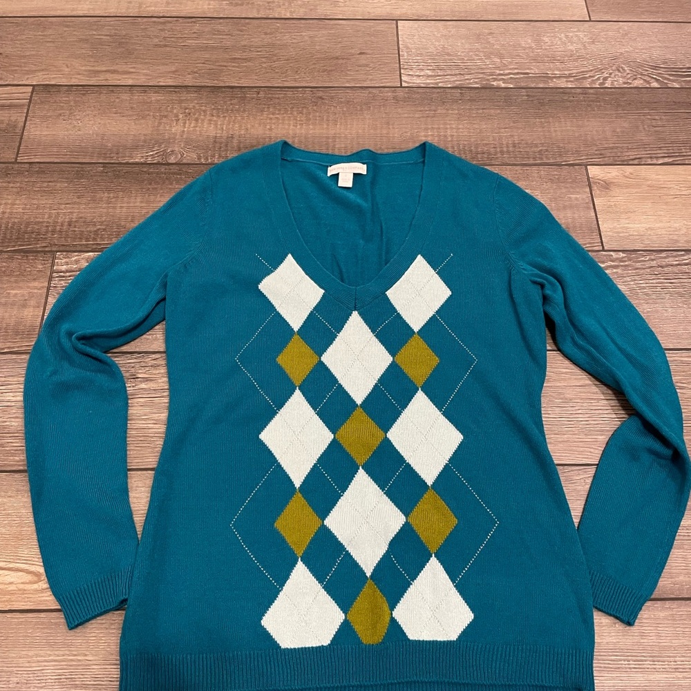 New York & Company Blue and White V-Neck Sweater
